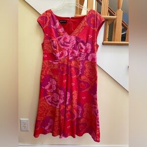Jones New York Bright Floral V-Neck Fit & Flare Dress - Pink & Red, Sz. 16